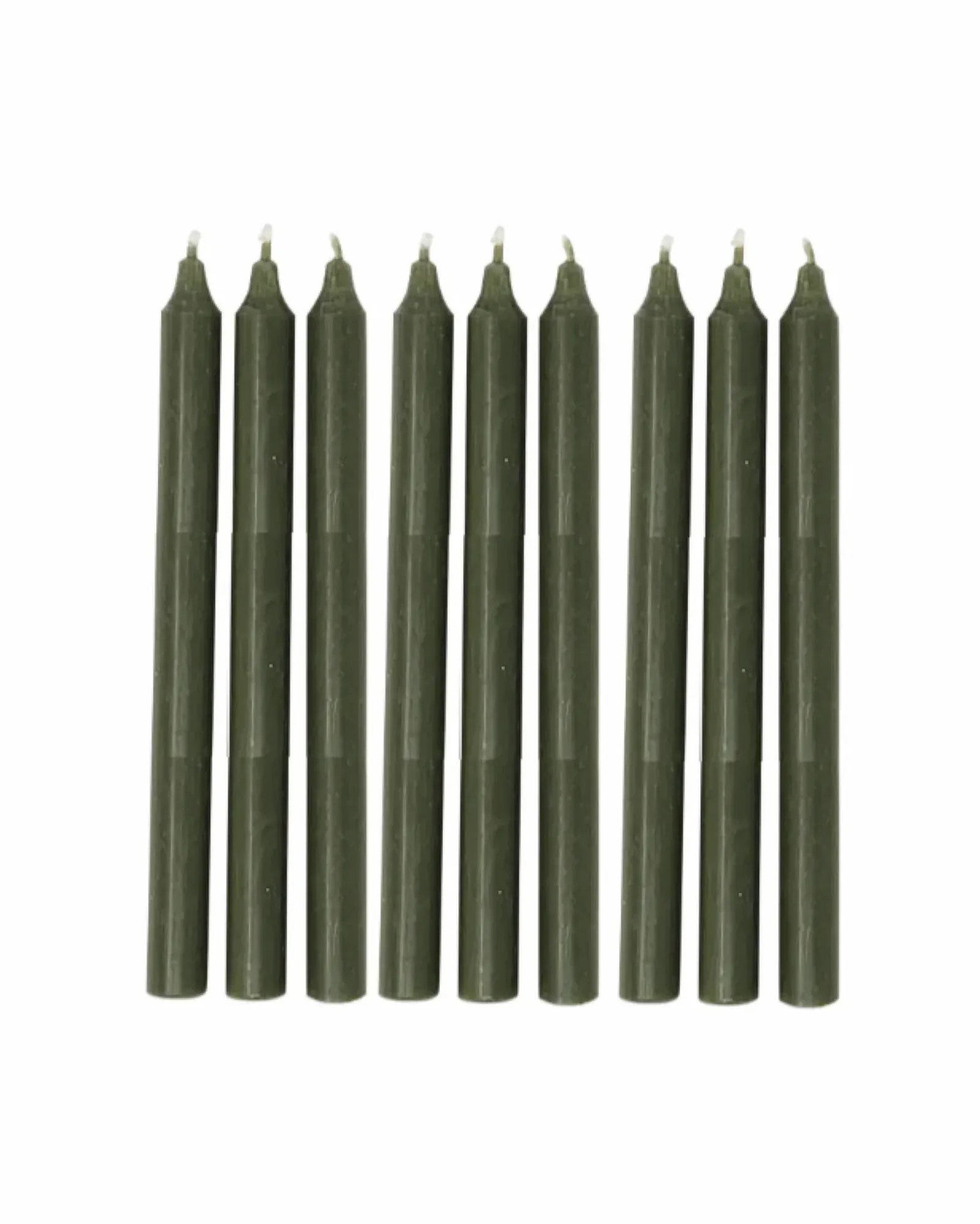A single forest green dinner candle standing upright, photographed against a plain background.