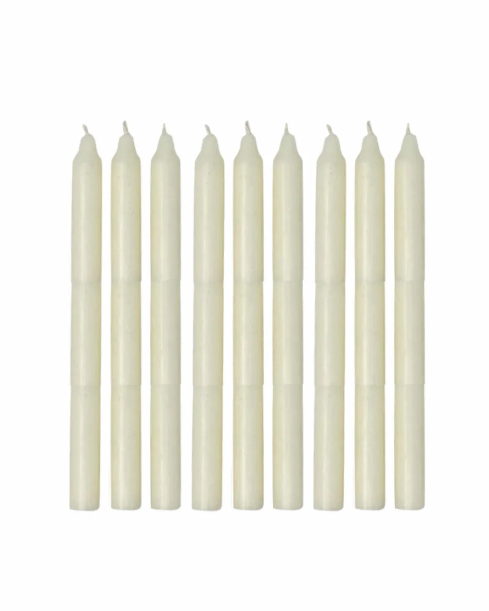 A single ivory dinner candle standing upright, photographed against a plain background.