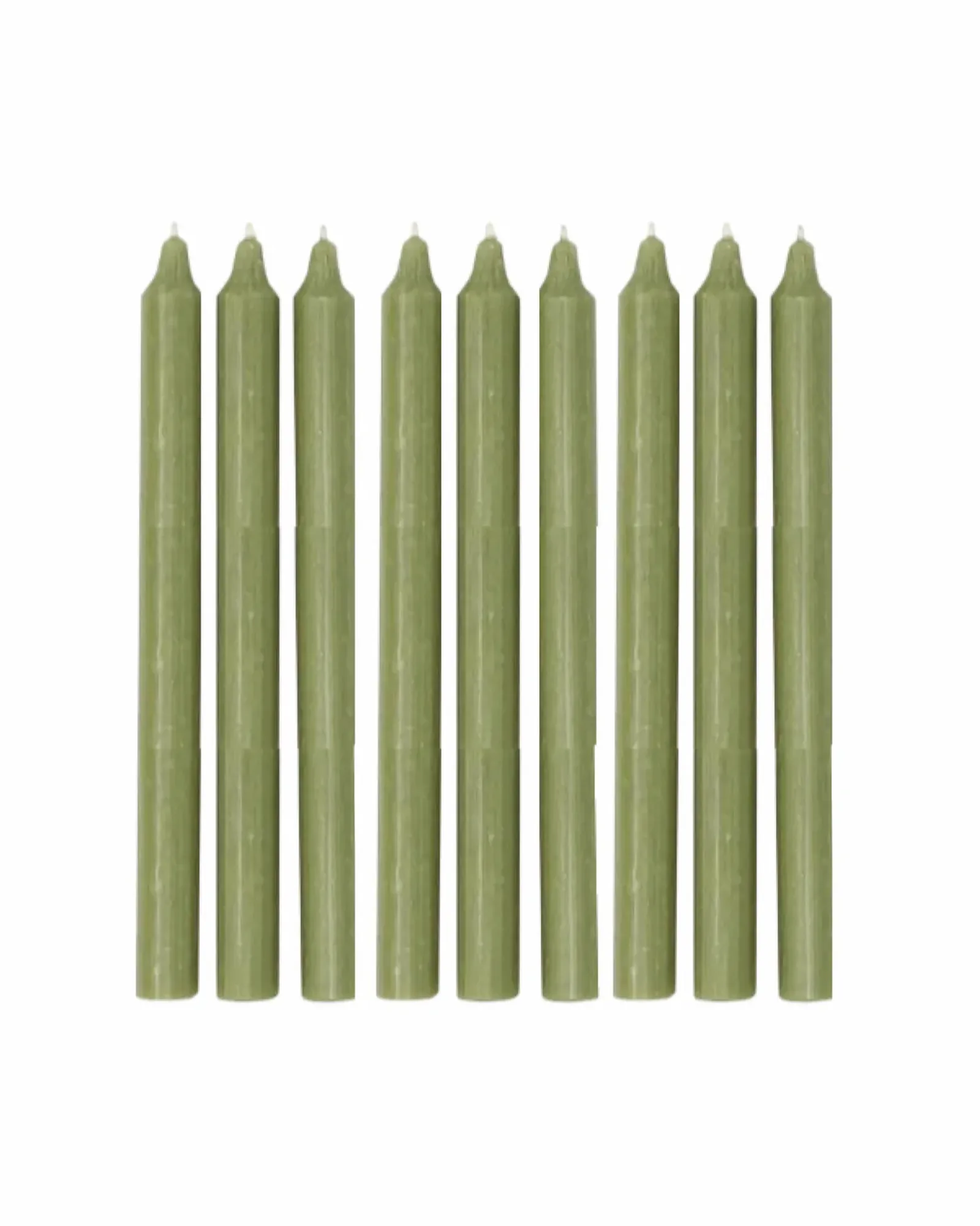 A single moss green dinner candle standing upright, photographed against a plain background.