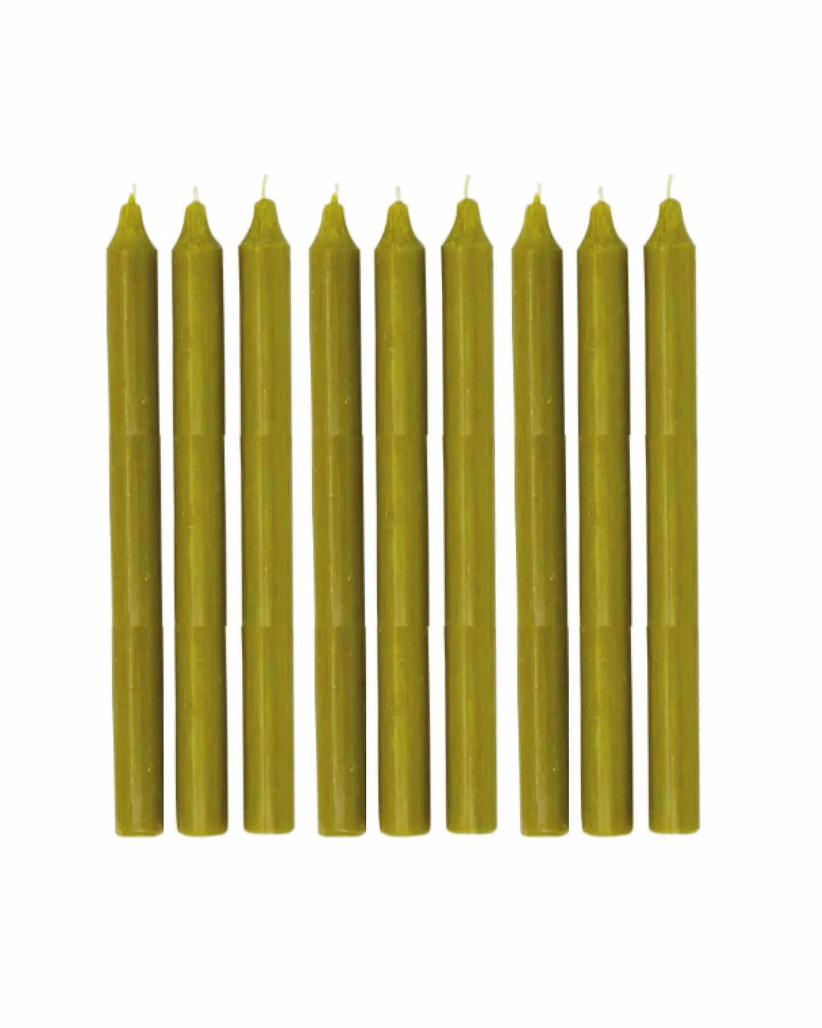 A single olive green dinner candle standing upright, photographed against a plain background.