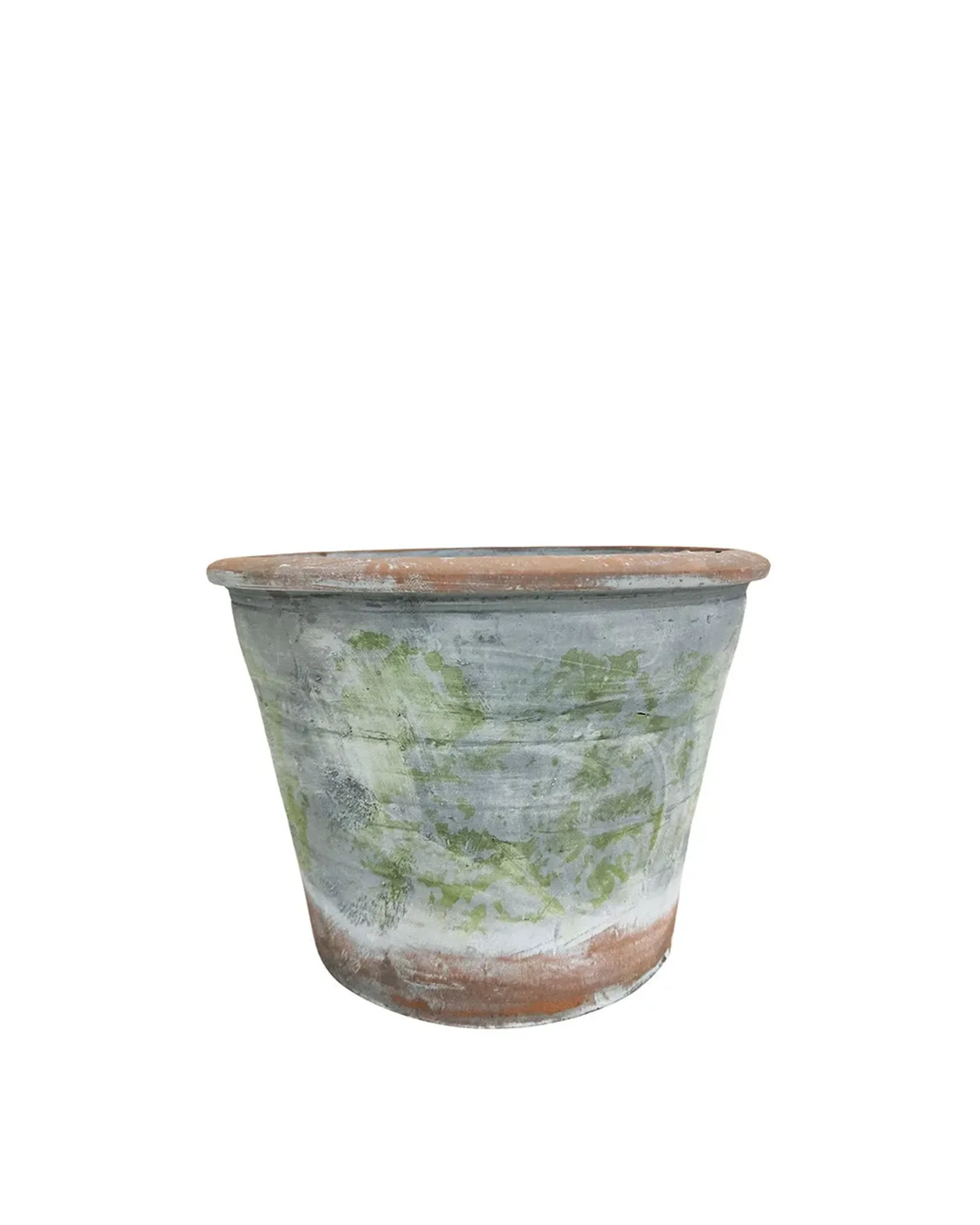 A vintage-finish flowerpot, taller than it is wide, planted with a small plant.