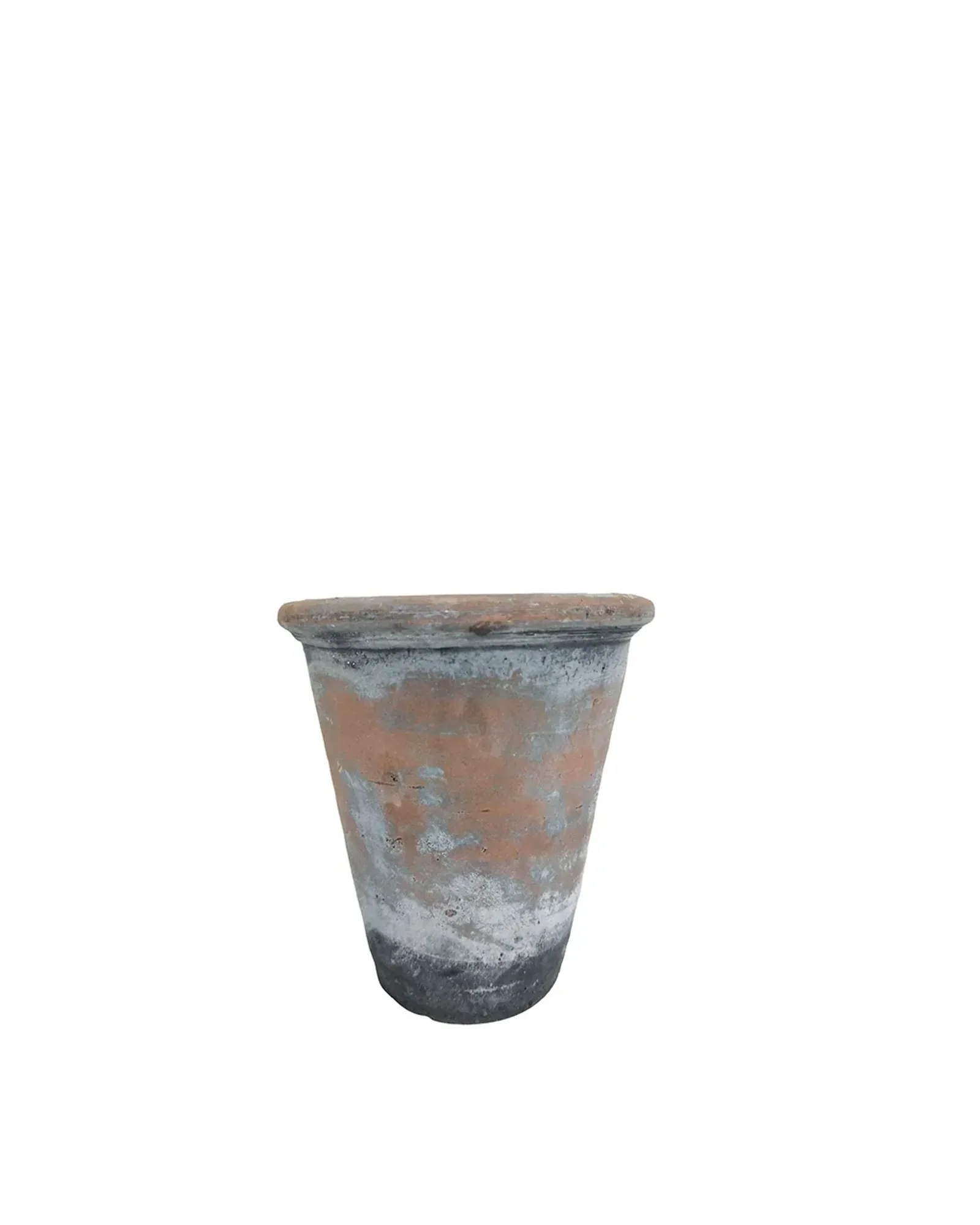 A plain vintage-finish long tom pot, taller than it is wide, photographed on its own.