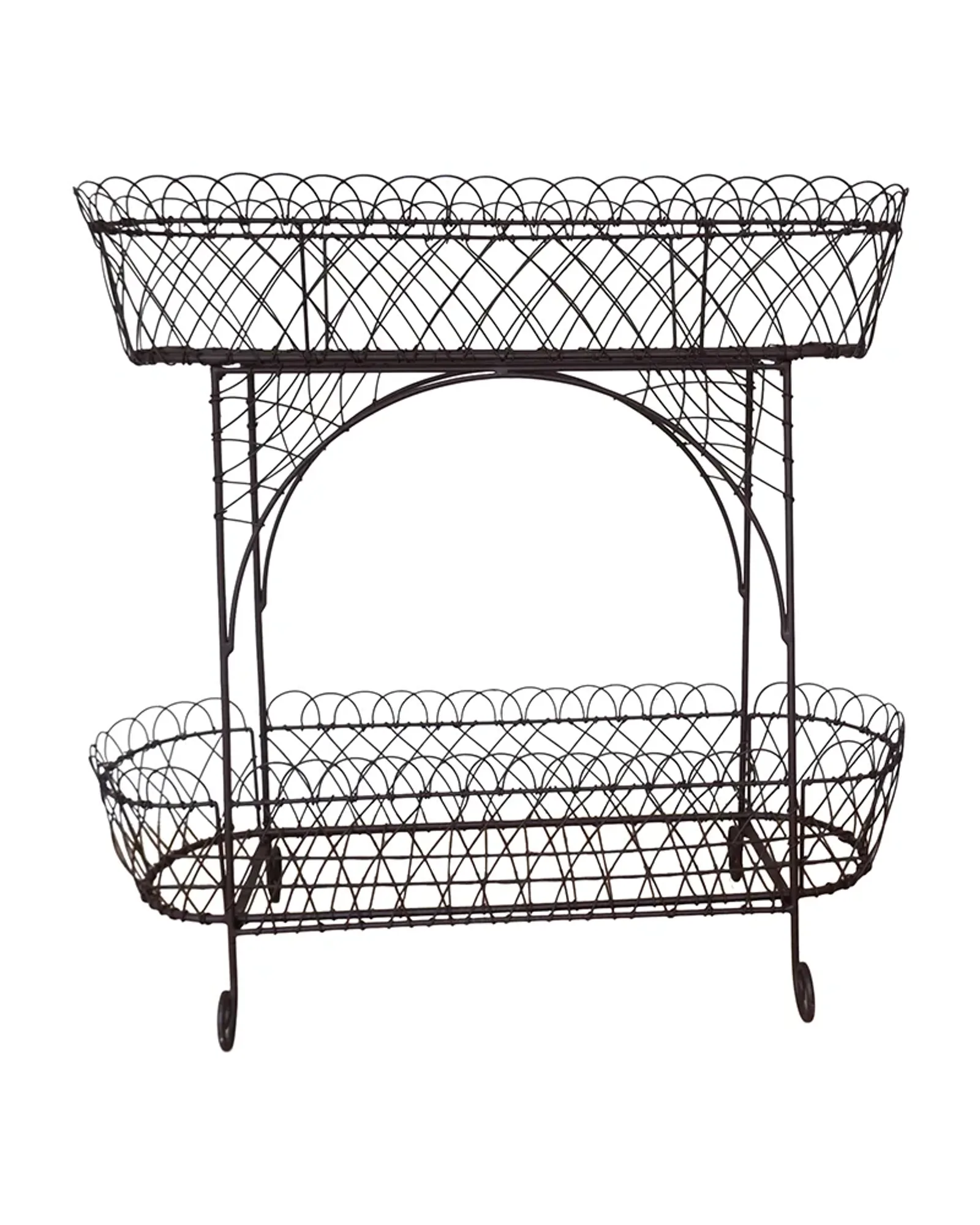 A long wire plant stand on legs in an antique rust finish, its trough filled with potted plants.