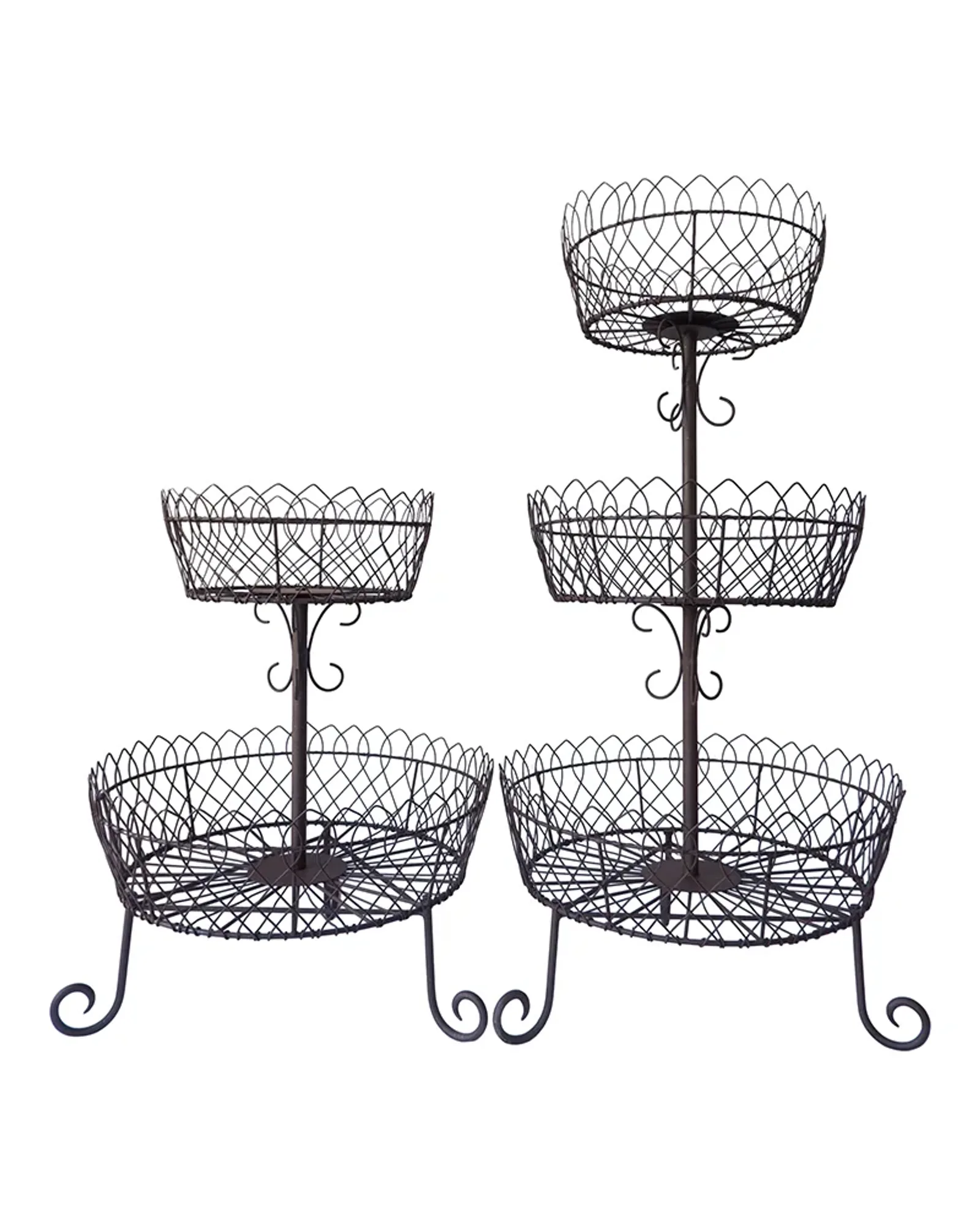 A tall round wire stand with three tiers in an antique rust finish, with pots and plants on each tier.
