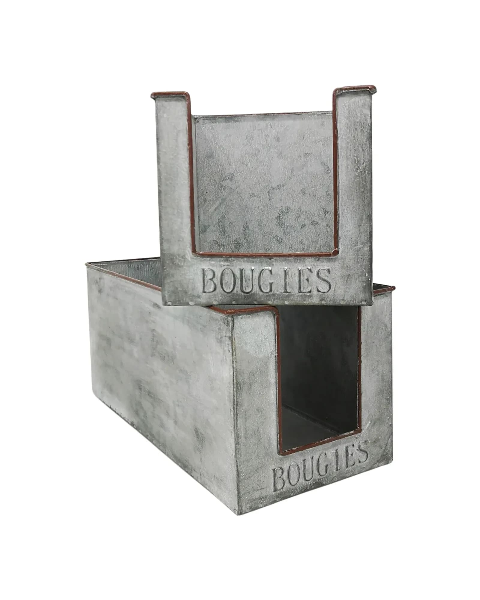 A long zinc box with a lid, lettered 'Bougies' on the front, photographed on its own.